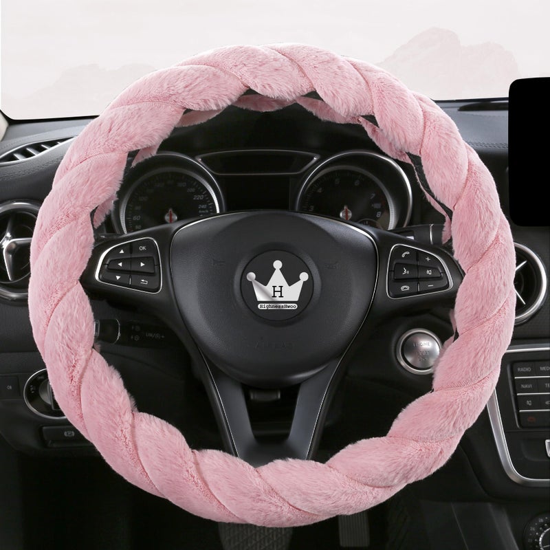 HighnessHwoo Luxury Fluffy Winter Car Steering Wheel Cover for Women Soft Warm Plush Cute Auto Accessories for Vehicle  Sedan  Universal  Fuzzy  Anti Slip  Pink  14in  Standard Size 14.5-15""(37-38cm) - Image 1